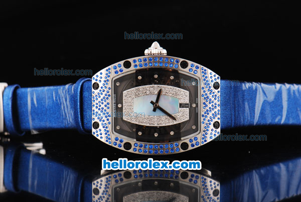 Richard Mille RM007 Automatic Movement Silver Case with Diamond Hour Marker and Blue Diamond Bezel-Blue Leather Strap - Click Image to Close